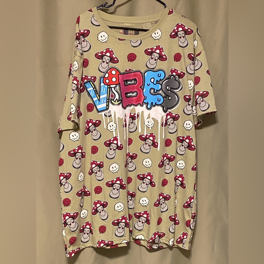Hustle OG Tee  ‘Vibes’ Streetwear Mushroom Smiley All Over Graphic Print 4XL